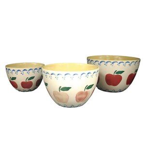 Set Of 3 Hand Painted Apple Nesting Bowls Red Green Blue Country Chic Design
